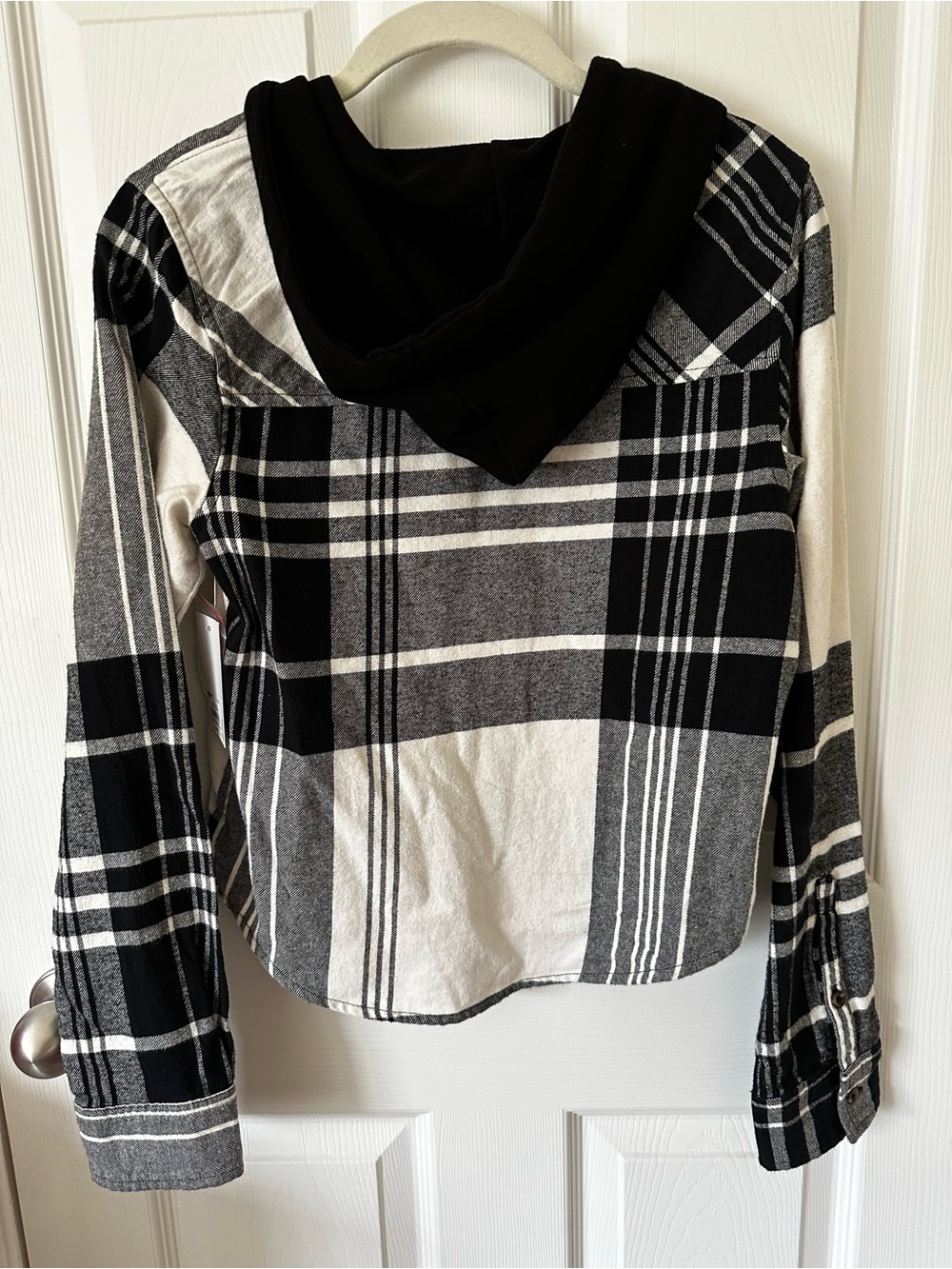 NWT SO Juniors XS Black and White Plaid Shrunken Shirt Hooded - Picture 6 of 16